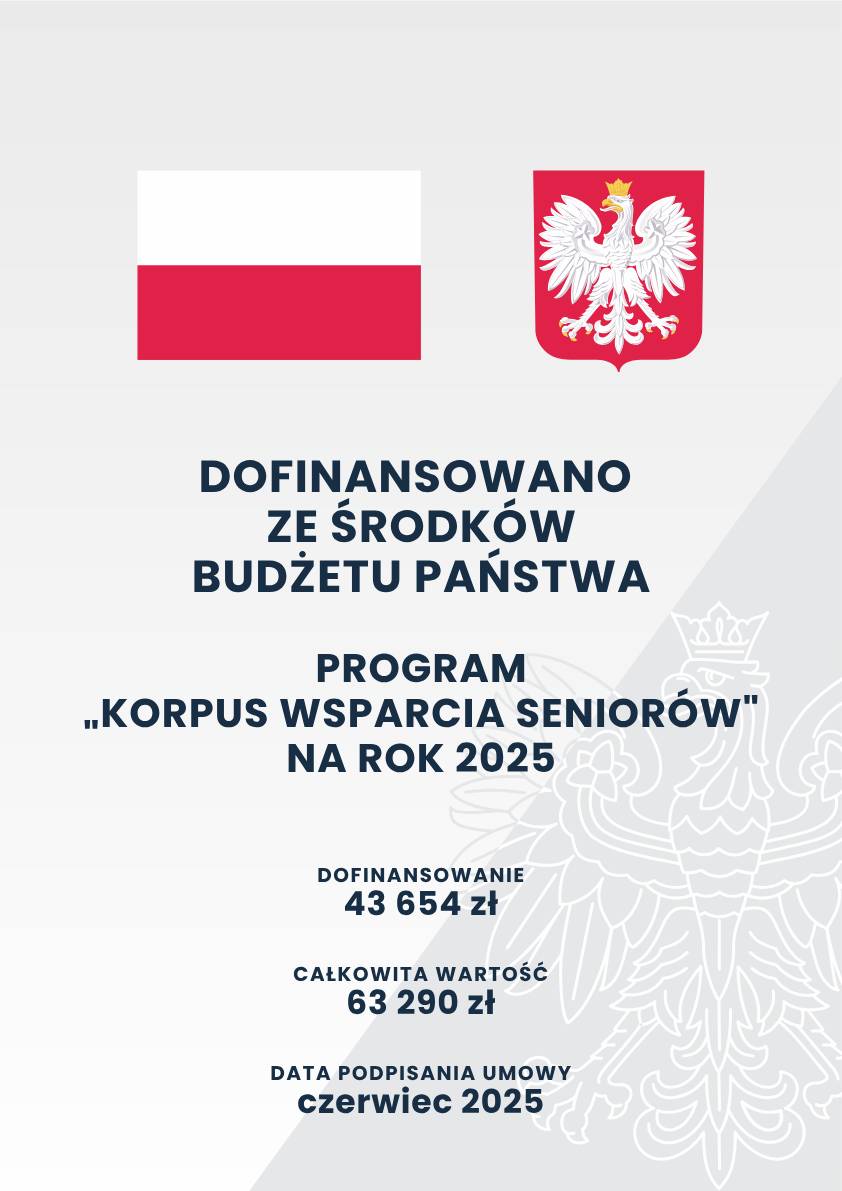 Plakat informujący o dofinansowaniu w ramach programu „Korpus Wsparcia Seniorów” wartość dofinansowania na 2025 rok 43 654 zł, całkowita wartość 63 290 zł